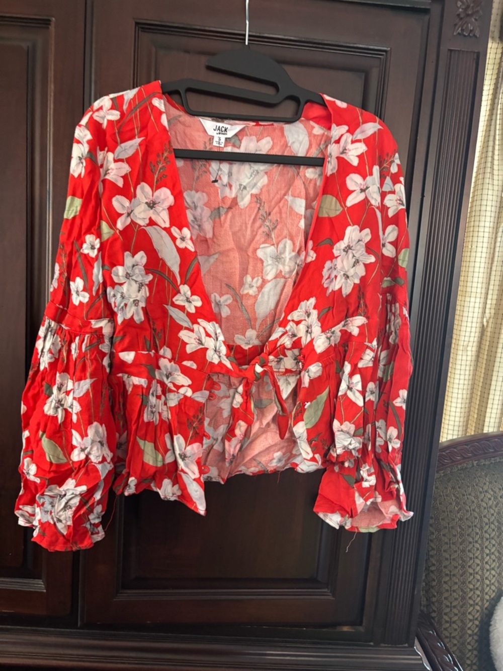 Jack by BB Dakota Red Floral Tie-Front Blouse